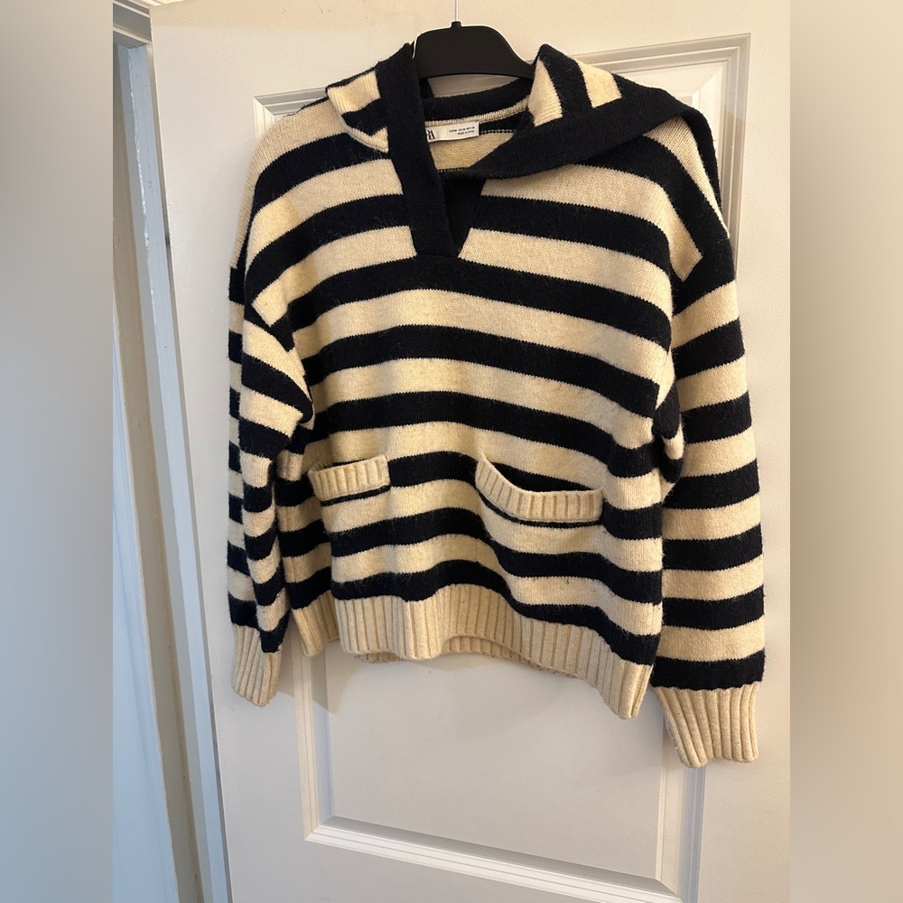 Striped Hooded Knit Sweater in Cream and Navy